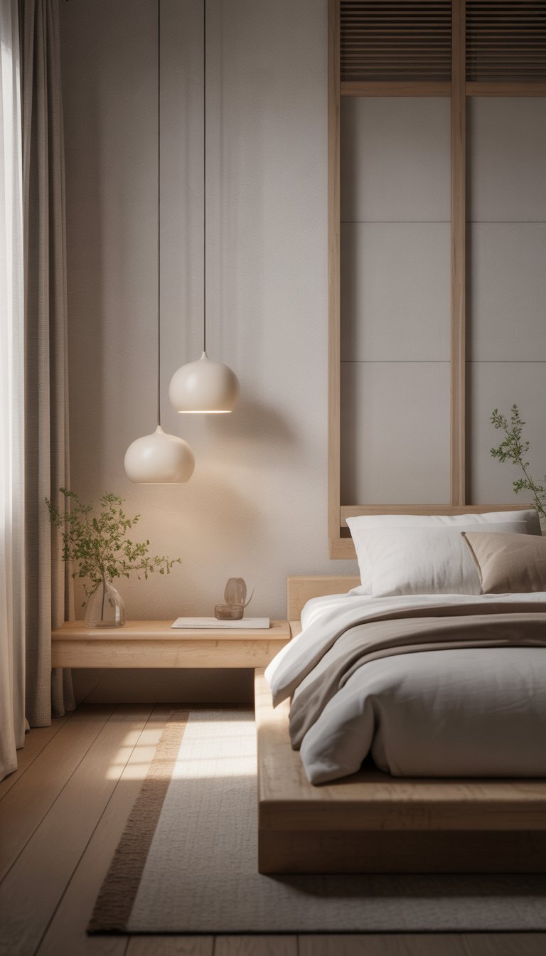 A peaceful bedroom with a low wooden bed, minimalist pendant lights hanging above a bedside table, soft natural light, and plants around the room.
