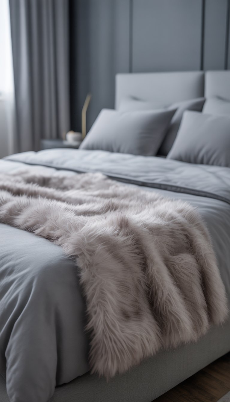 A neatly made bed in a grey bedroom with a light grey faux fur throw draped over it.