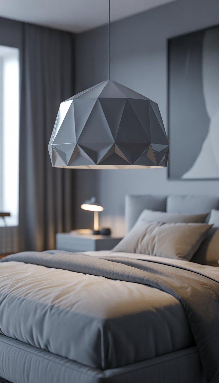 A bedroom with a grey geometric pendant light hanging above a neatly made bed with grey bedding.