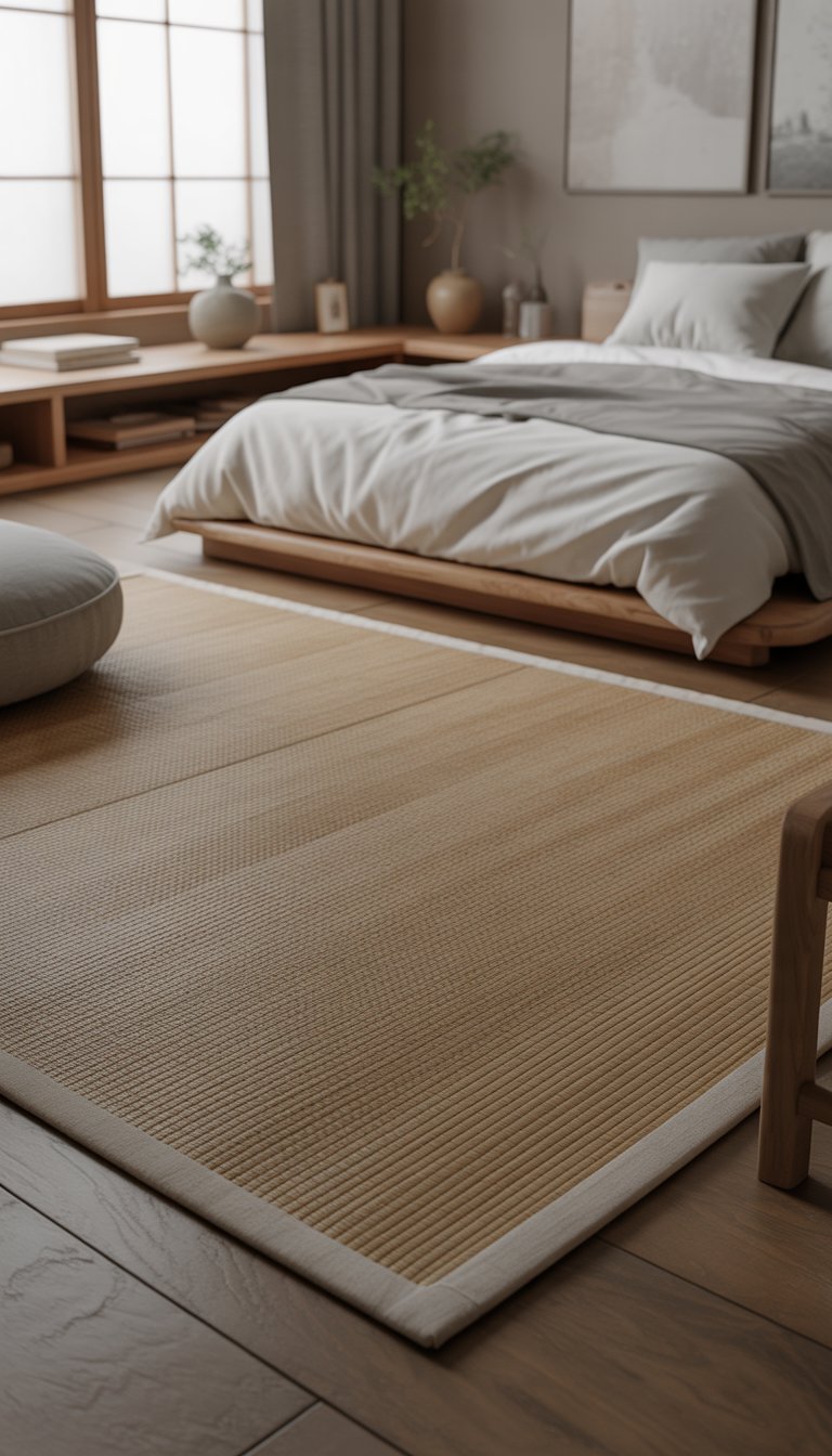 A calm bedroom with a tatami-style area rug on a wooden floor, a low bed with white and gray bedding, natural light from large windows, and simple wooden furniture.