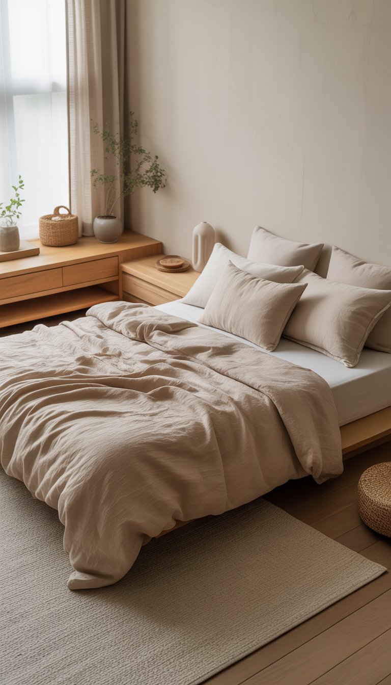 A calm bedroom with a bed made of natural linen bedding, wooden furniture, a small plant, and soft natural light coming through a window.