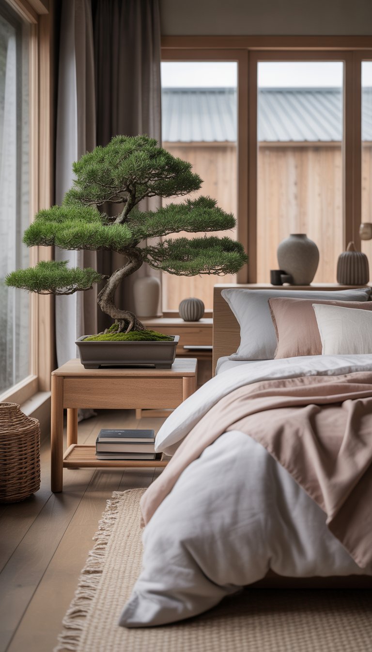 A minimalist bedroom with a bonsai tree on a wooden bedside table next to a low bed with neutral-colored linens, natural light coming through windows, and simple decor.