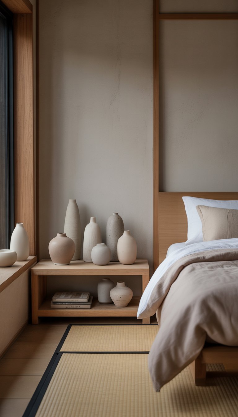 A minimalist bedroom with a bed, wooden furniture, and simple ceramic vases arranged on a bedside table and shelf.