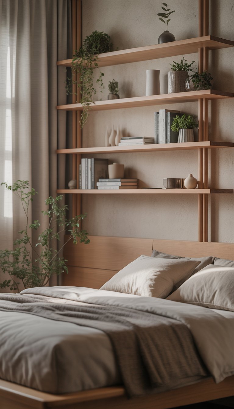 A bedroom with wall-mounted wooden shelves holding plants, vases, and books above a neatly made bed with neutral-colored bedding.