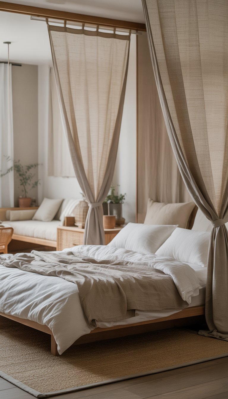 A calm bedroom with raw cotton curtains, a wooden platform bed, neutral linens, a potted plant on a nightstand, and a tatami-style rug on the floor.