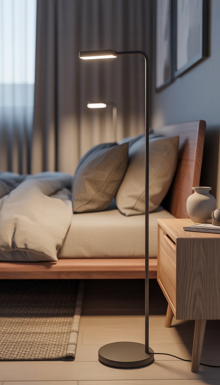A bedroom with a black metal floor lamp next to a wooden platform bed with neutral bedding and natural light coming through sheer curtains.