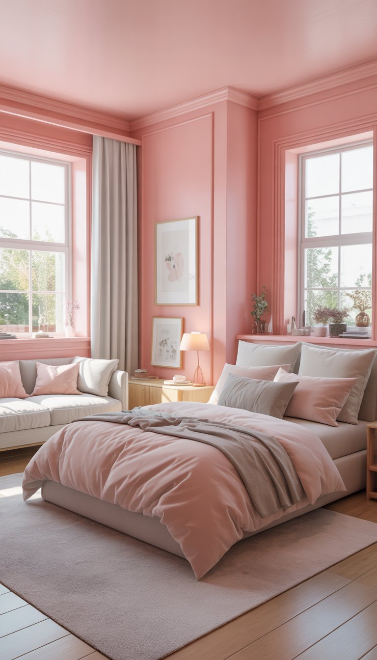 A bedroom with pastel pink walls and white trim, featuring a bed, window with curtains, bedside table, and plants.