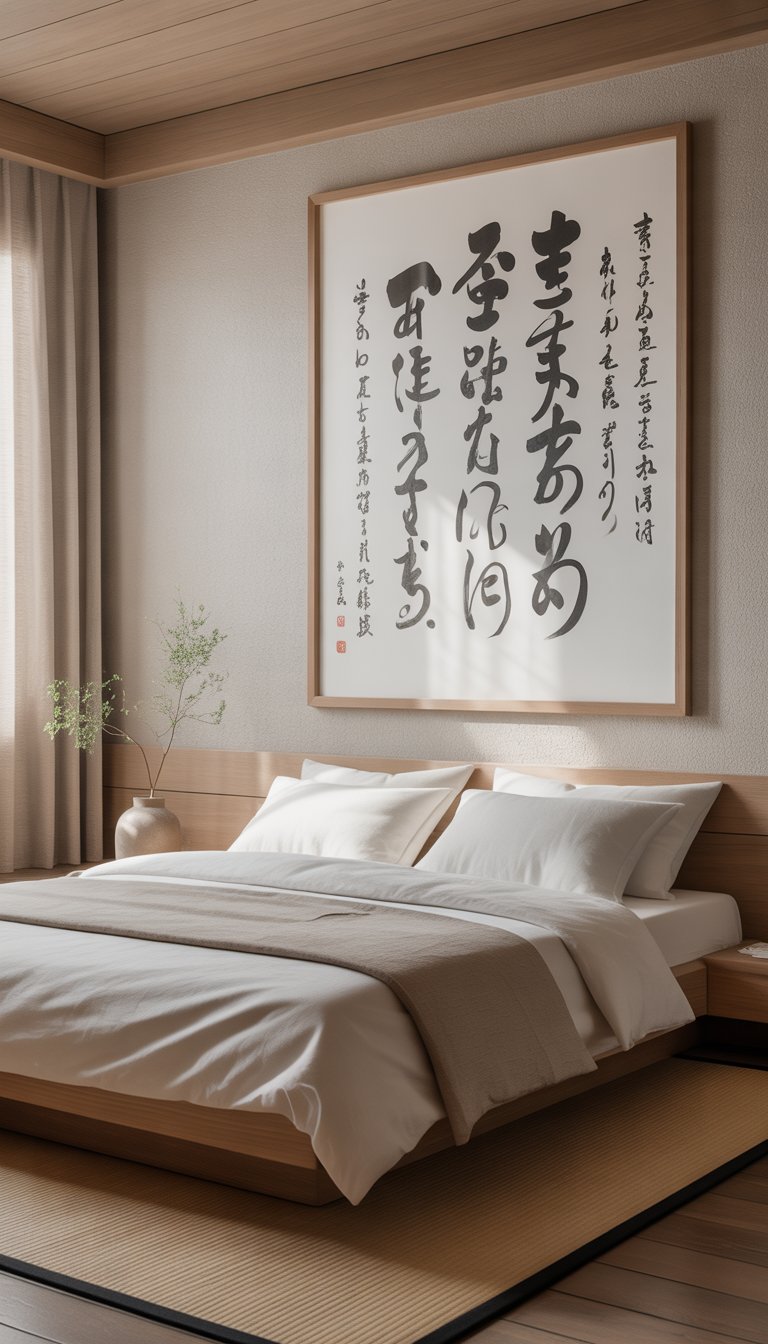 A calm bedroom with a wooden bed, light walls, a framed Japanese calligraphy artwork on the wall, soft natural light, and simple decorative plants.