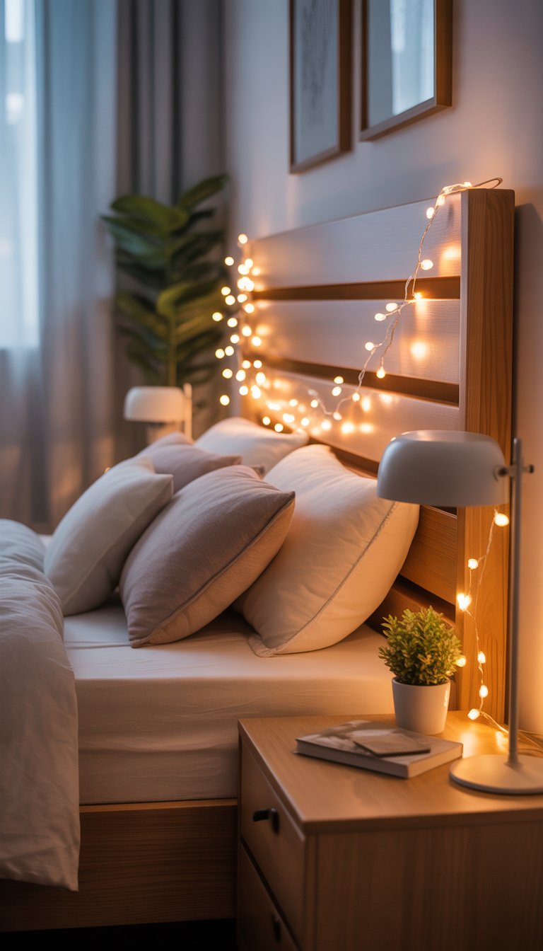 A cozy bedroom with a wooden headboard decorated with warm fairy lights, soft bedding, and a nightstand with a plant and lamp.