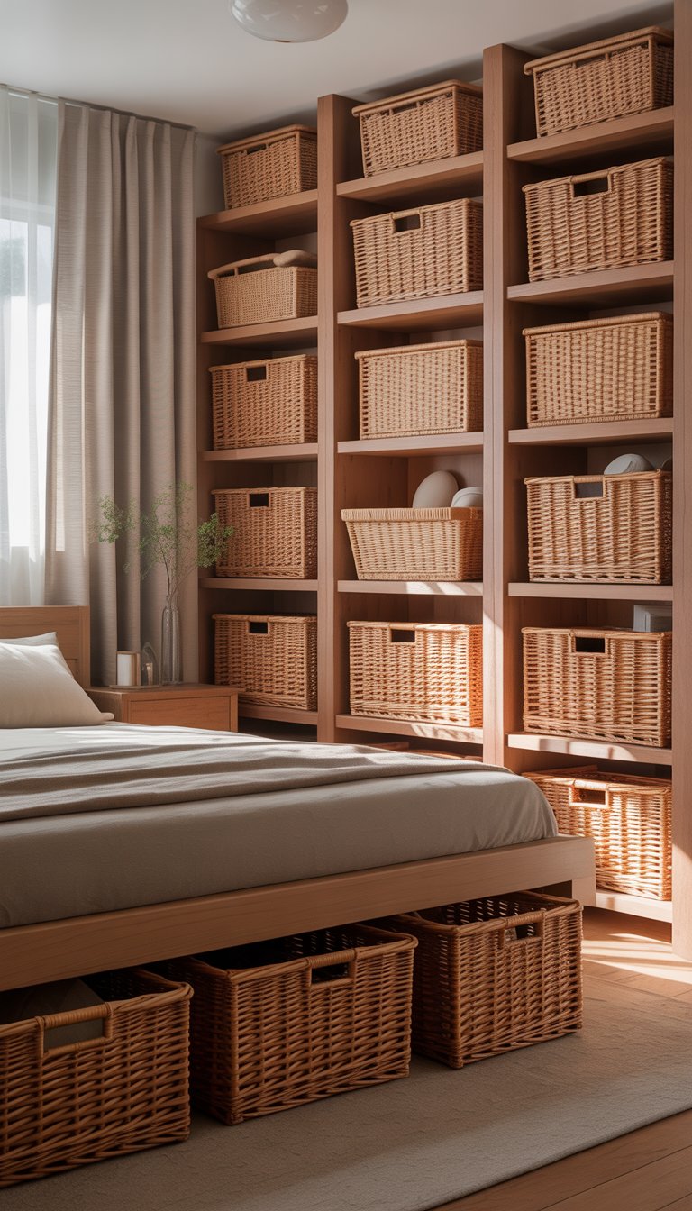 A calm bedroom with natural wood furniture and 25 wicker storage baskets arranged on shelves, under the bed, and beside furniture, illuminated by soft natural light.