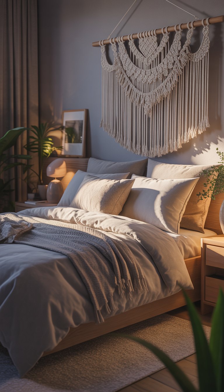 A cozy bedroom with a neatly made bed and a detailed macrame wall hanging displayed above the headboard.