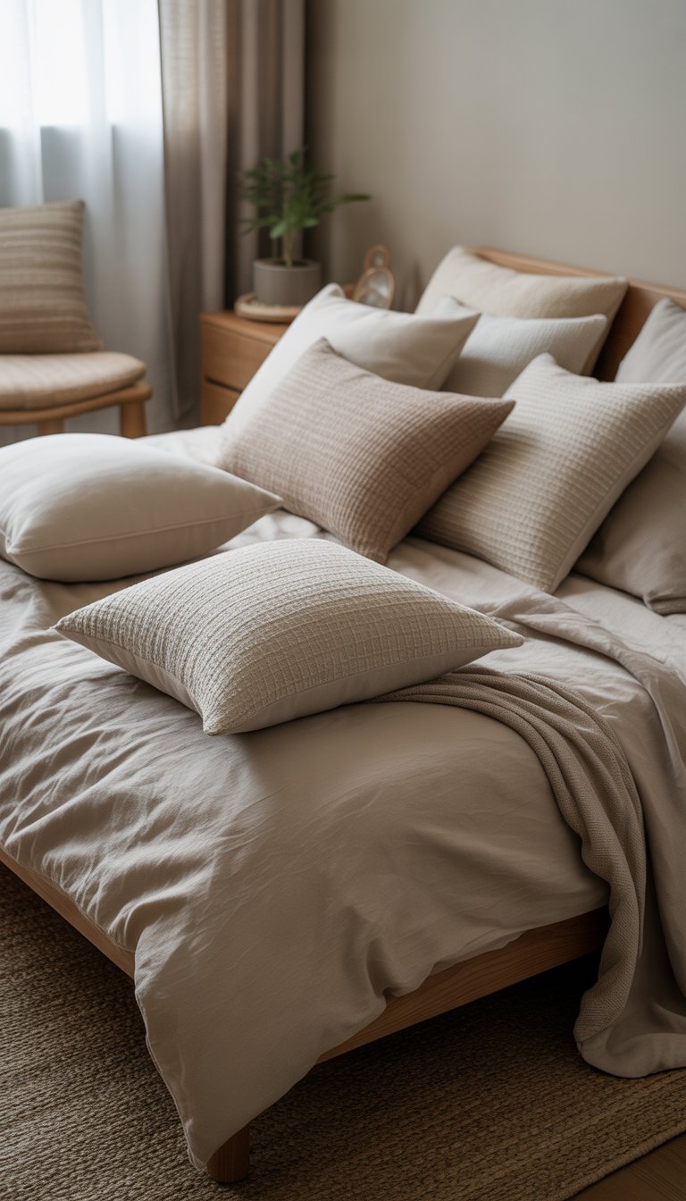 A calm bedroom with a wooden bed featuring several textured cotton throw pillows in neutral colors, a small plant on a nightstand, and soft natural light coming through a window.