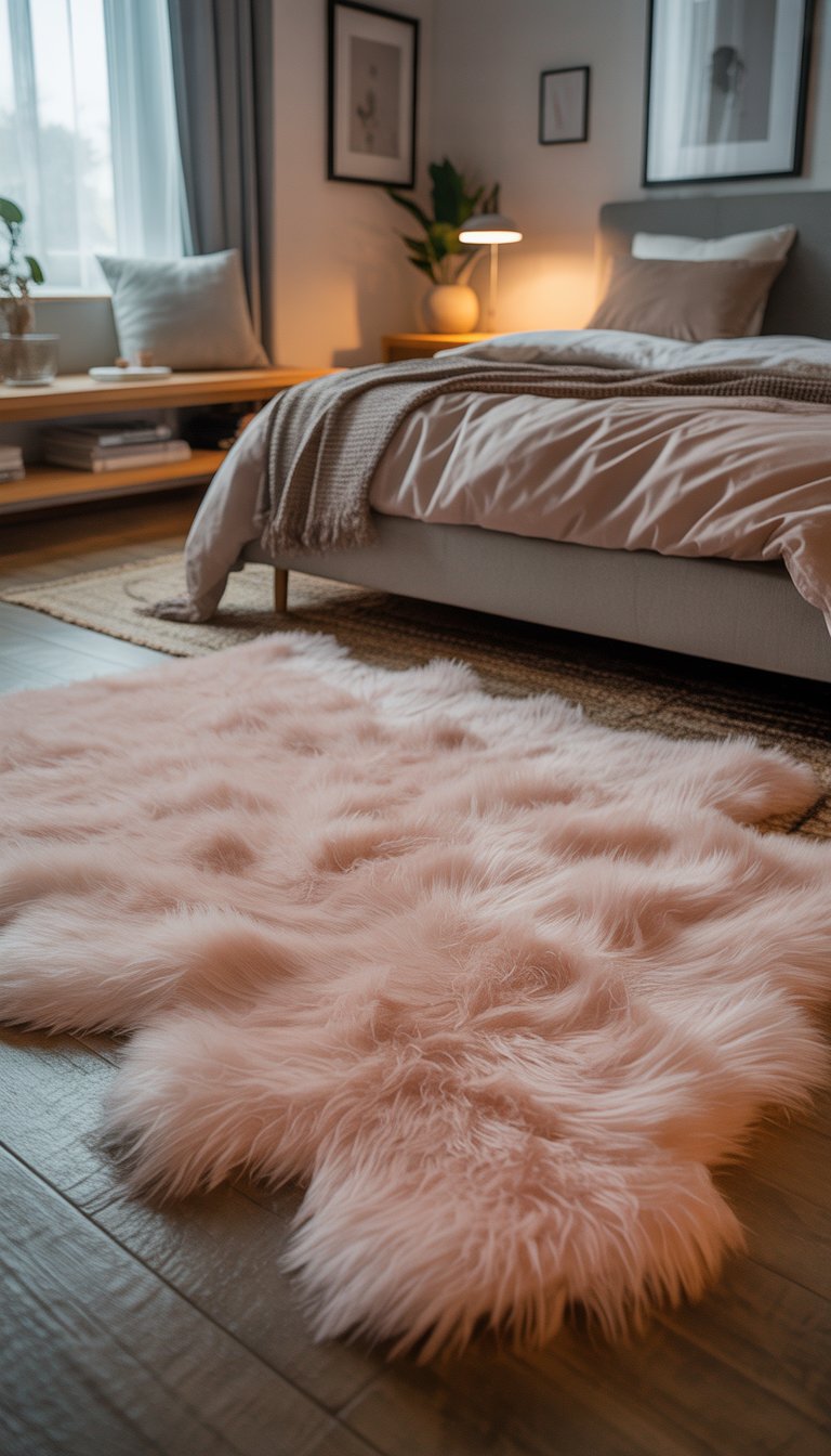 A cozy bedroom with a soft faux fur rug on the wooden floor, a neatly made bed, a bedside table with a plant and lamp, and natural light coming through a window.