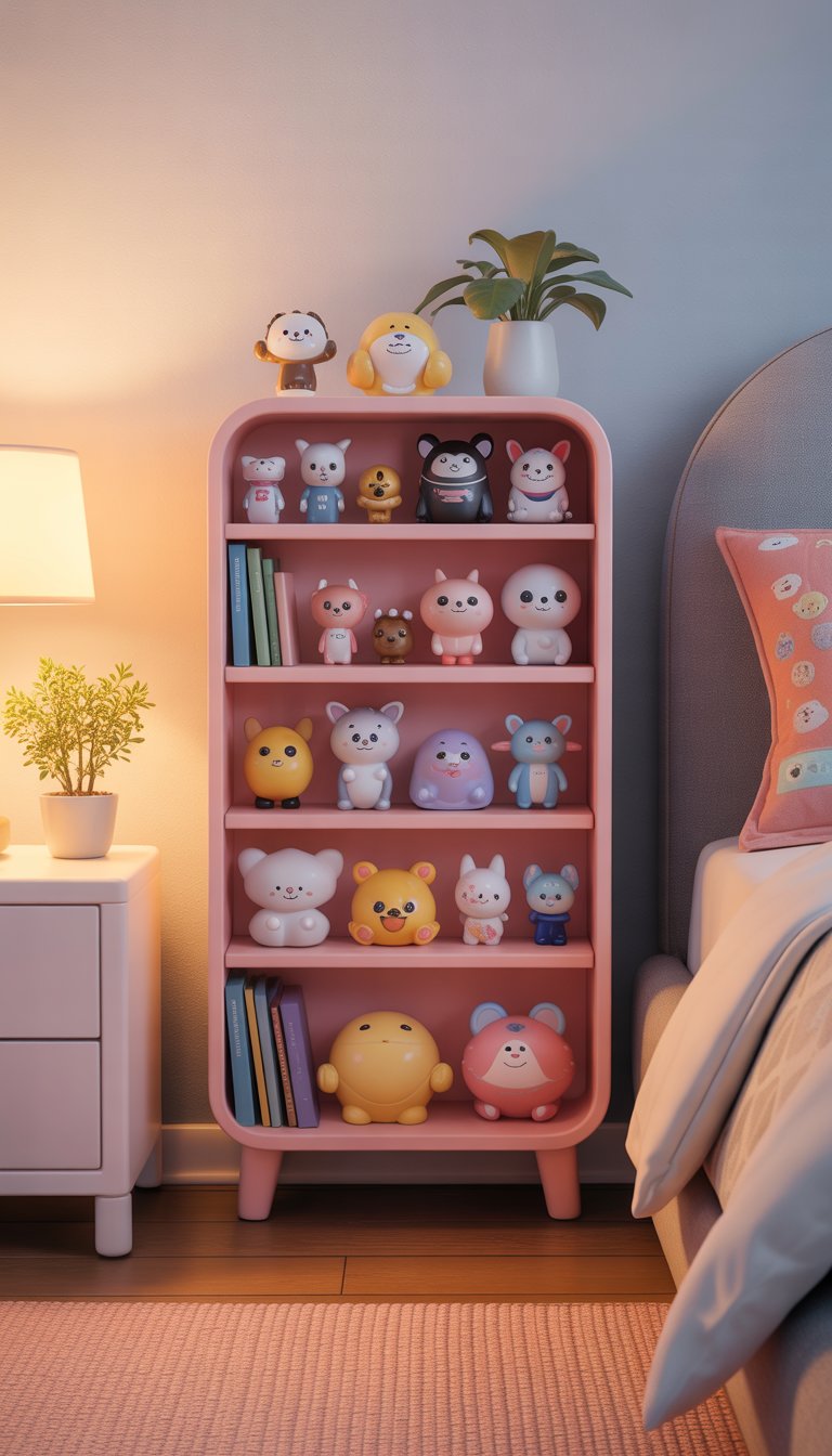 A mini bookshelf in a cozy bedroom filled with cute figurines, surrounded by soft pastel walls, a bed with pillows, and a small plant.