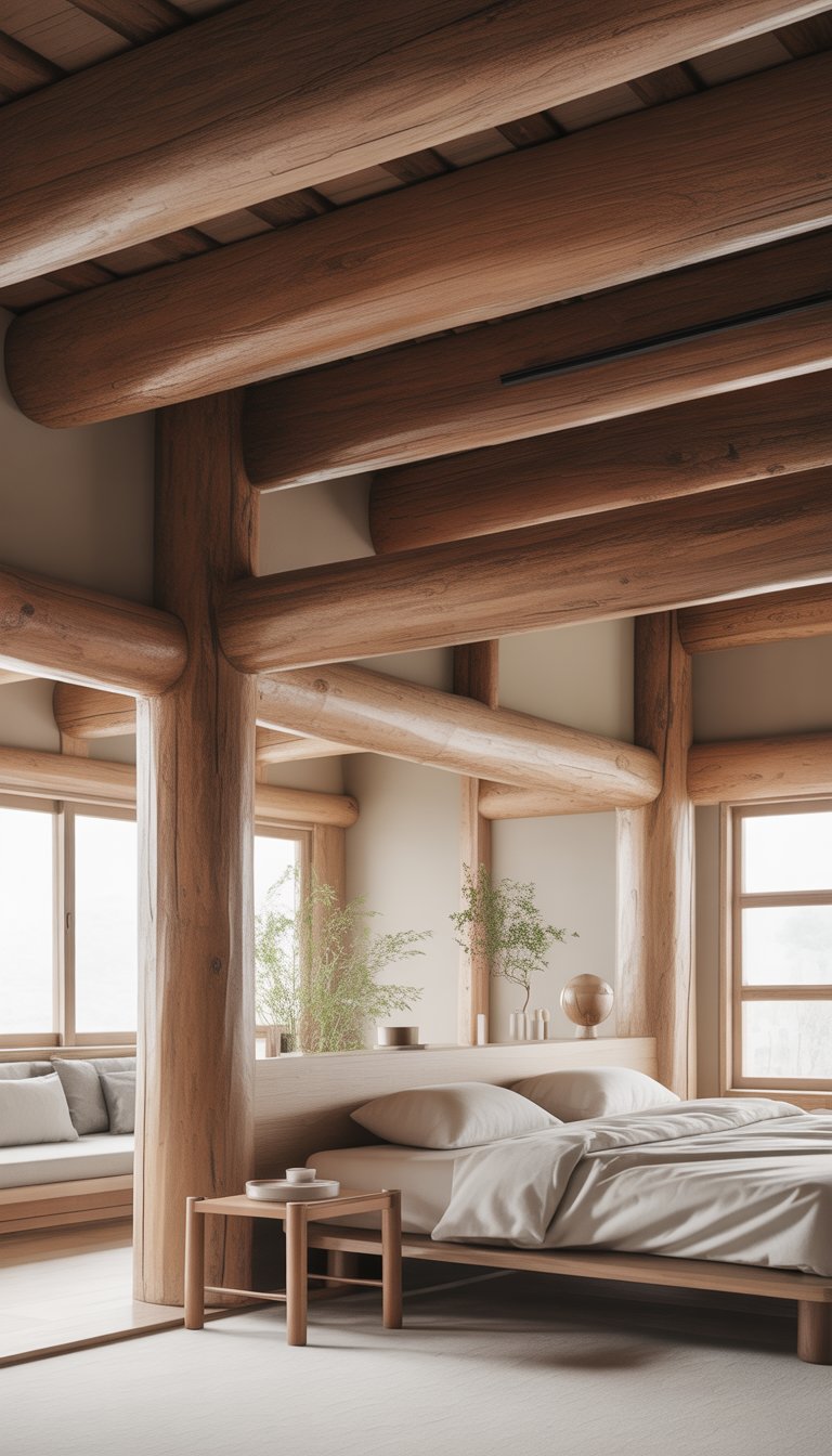 A bedroom with wooden ceiling beams, a low wooden bed with white linens, a small side table, and potted plants near large windows letting in natural light.