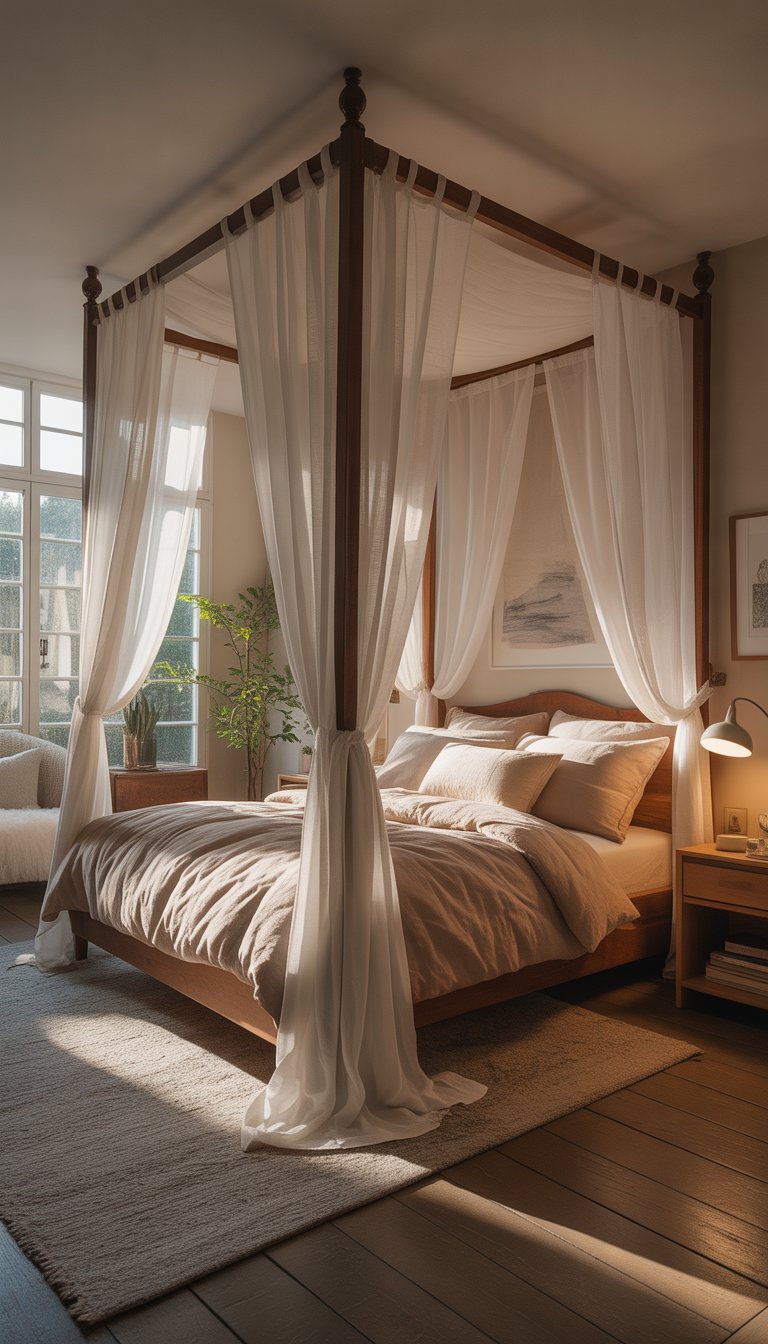 A cozy bedroom with a canopy bed draped in sheer white curtains, soft pillows, natural light, and simple decor including a bedside table, lamp, and a plant.