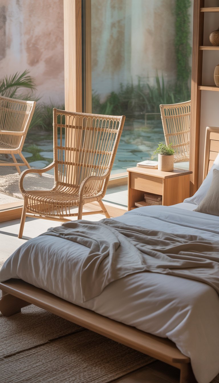 A bedroom with two handwoven rattan chairs near a window, a neatly made bed, wooden furniture, and plants.