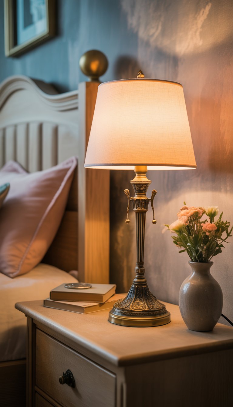 A bedside lamp on a wooden nightstand next to a neatly made bed with pastel linens and decorative items in a cozy bedroom.