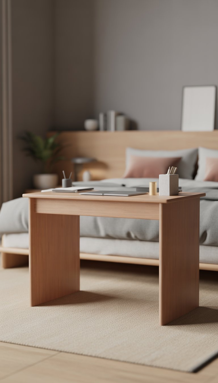 A minimalist desk with clean lines in a bedroom featuring a low bed, soft linens, and a small plant.