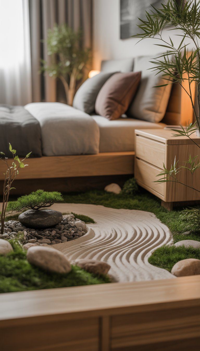 A peaceful bedroom corner featuring a zen garden with sand and rocks next to minimalist wooden furniture and small plants.