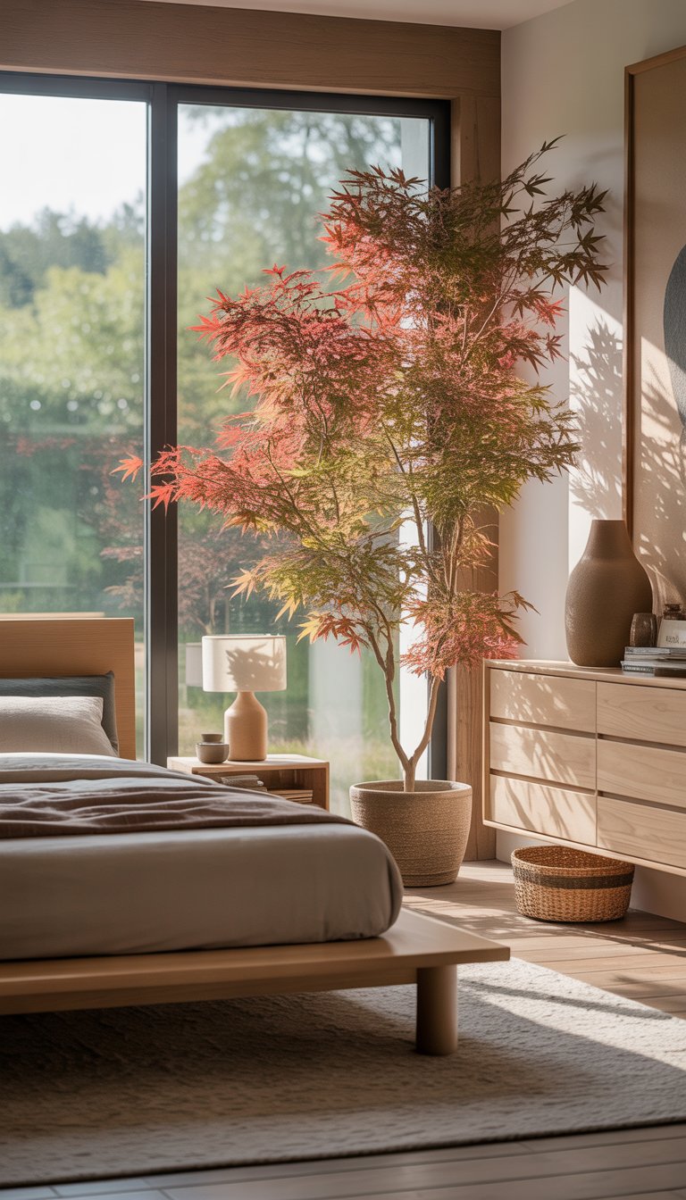 A bedroom with a Japanese maple indoor plant near a window, featuring wooden furniture, a low bed, and neutral-colored decor.