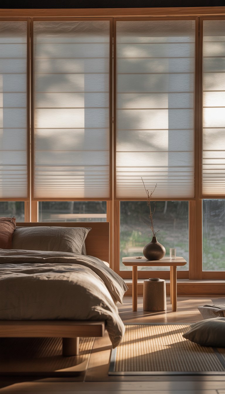 A peaceful bedroom with a low wooden bed, natural wood furniture, and translucent washi paper window shades filtering soft sunlight.