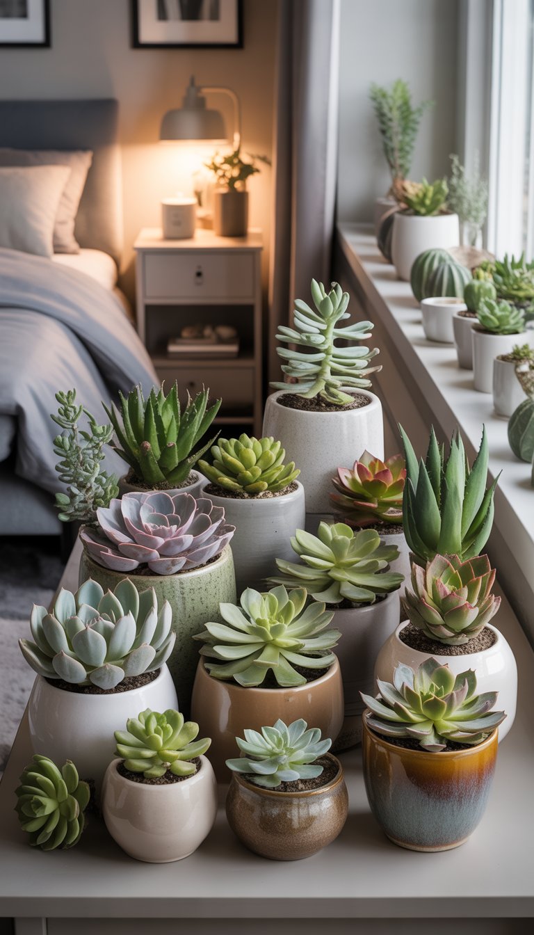 A bedroom with various succulents in ceramic pots arranged on tables and shelves near a window.