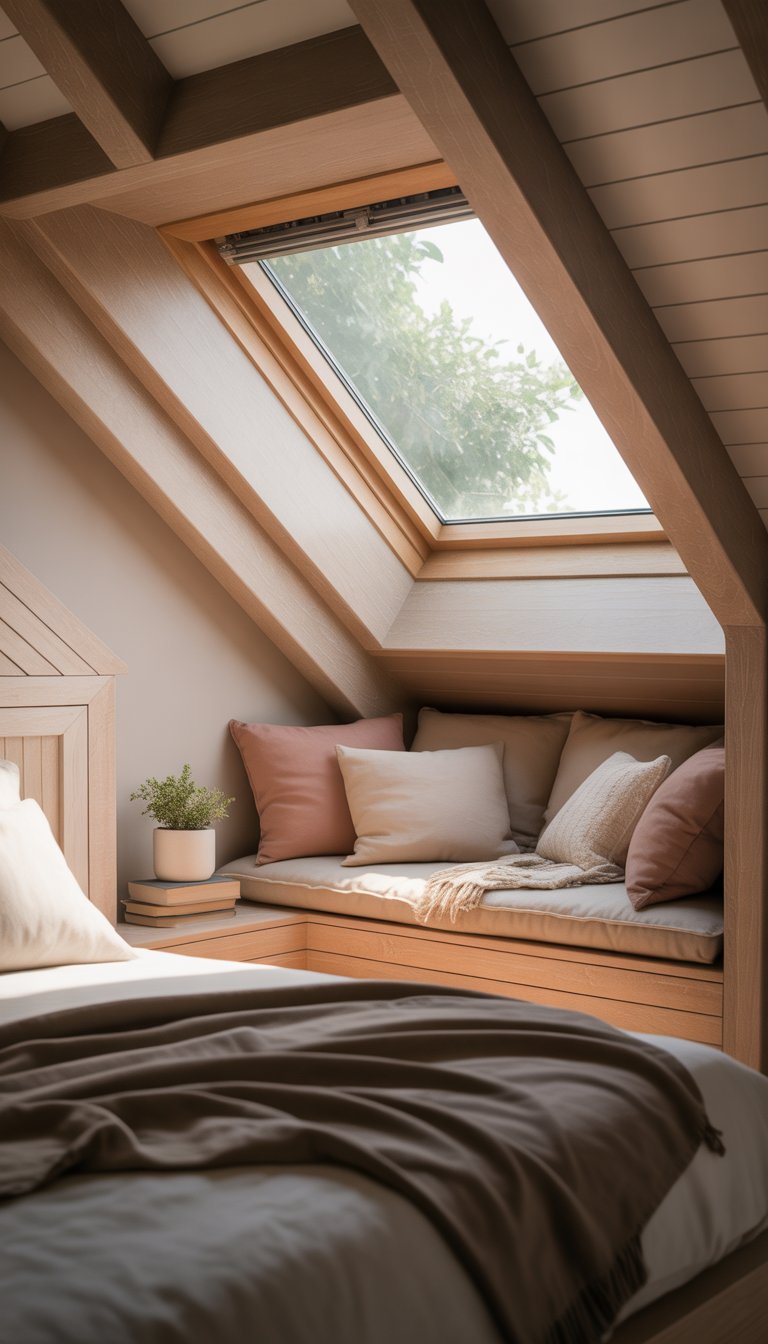 A cozy attic bedroom nook with a skylight window, cushions on a wooden bench, and soft natural light filling the space.