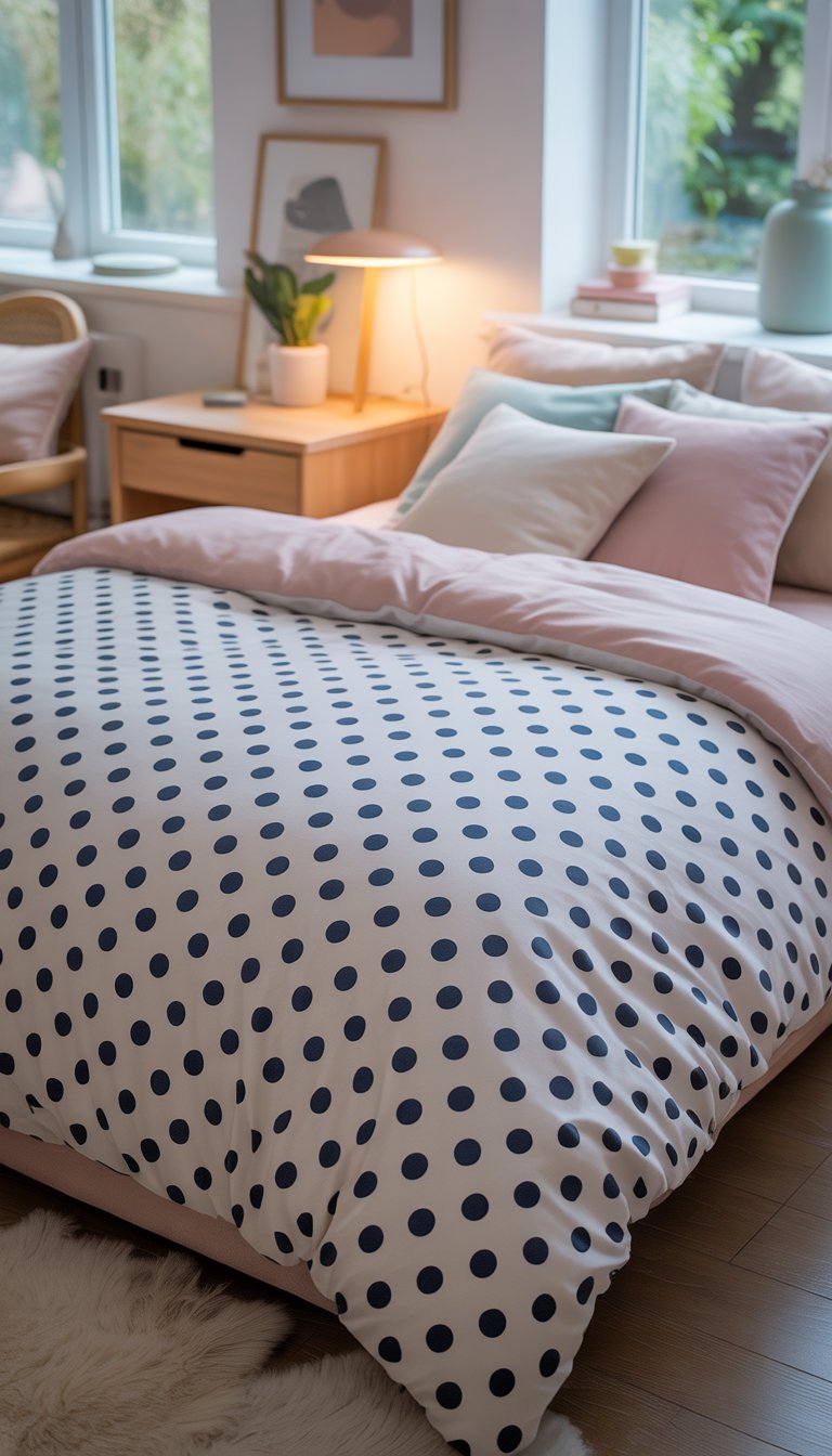 A cozy bedroom with a bed featuring a white duvet cover covered in black polka dots, surrounded by soft pillows, a wooden nightstand with a plant, and natural light coming through large windows.
