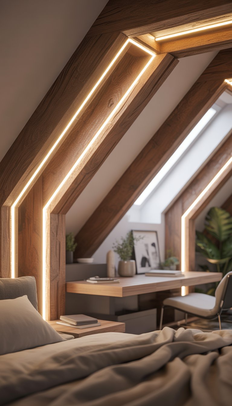 An attic bedroom with exposed wooden beams featuring warm accent lighting, a bed, and a skylight window letting in natural light.