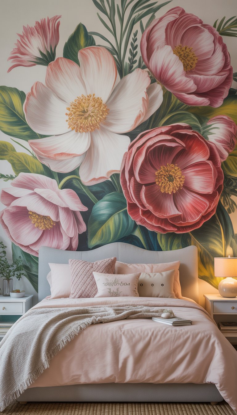 A cozy bedroom with a large hand-painted flower mural on the wall, decorated with plush bedding, pillows, a bedside table with a lamp, and some plants.