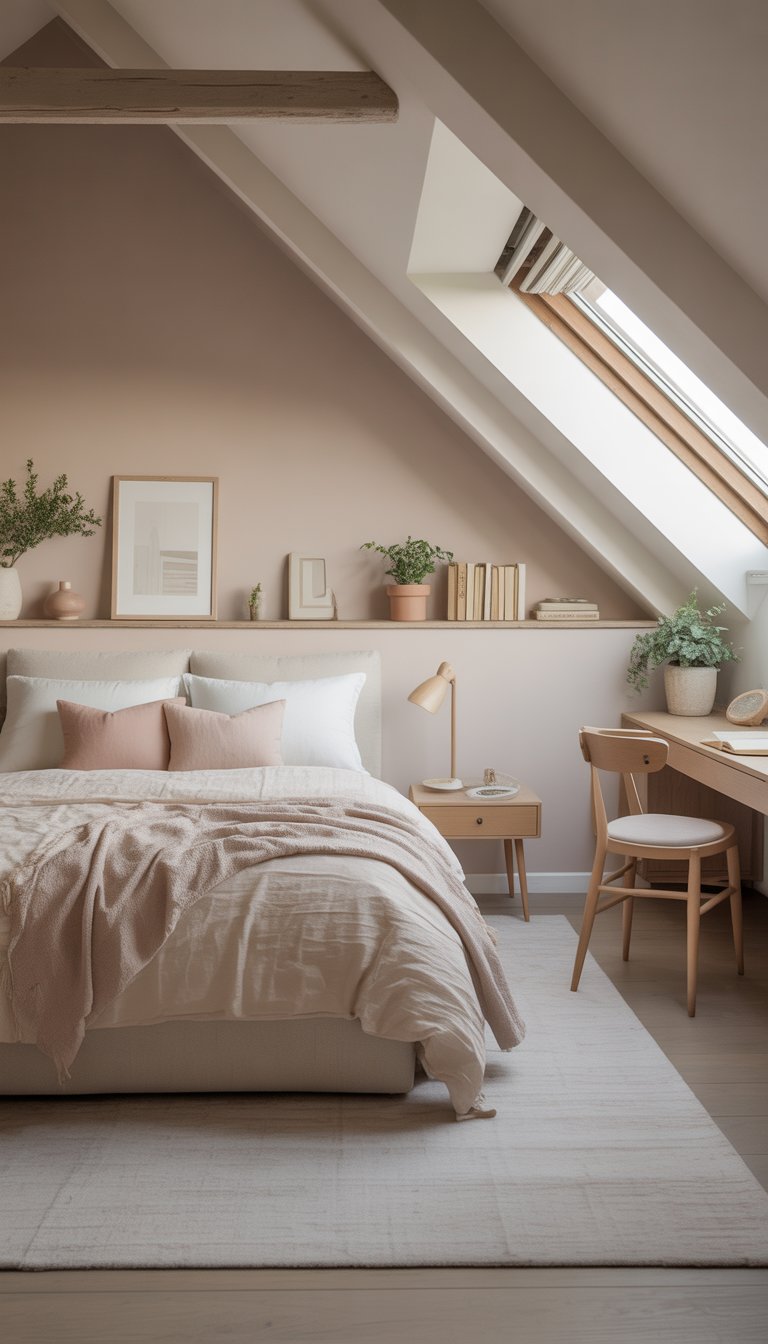 A cozy attic bedroom with sloped ceilings, a neatly made bed, wooden furniture, and soft pastel colors illuminated by natural light from a skylight.