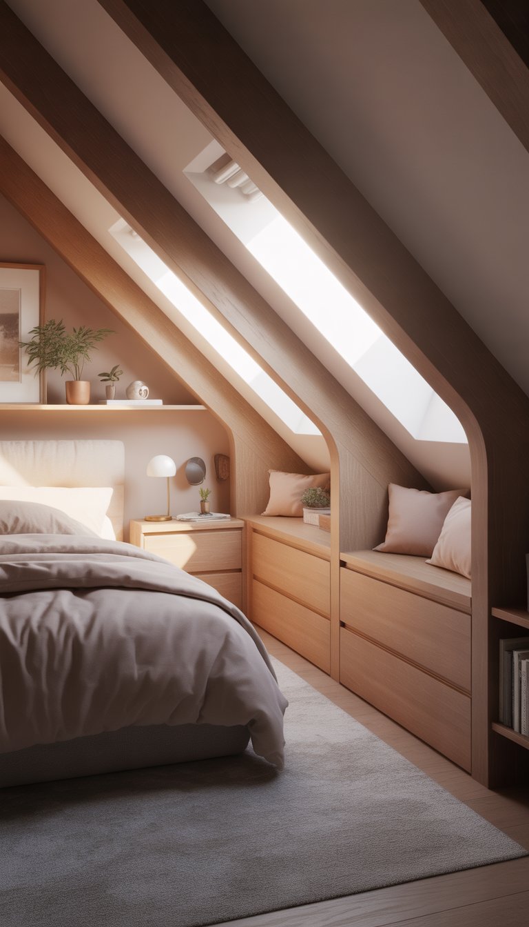 An attic bedroom with sloped ceilings featuring built-in under-eave storage drawers, a bed, a skylight window, and cozy decor.