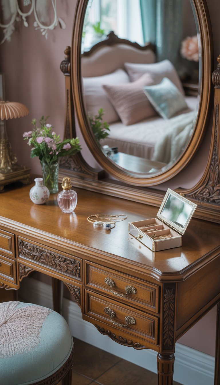 An antique wooden vanity table with an ornate mirror in a cozy bedroom, decorated with flowers, perfume bottles, and a cushioned stool.