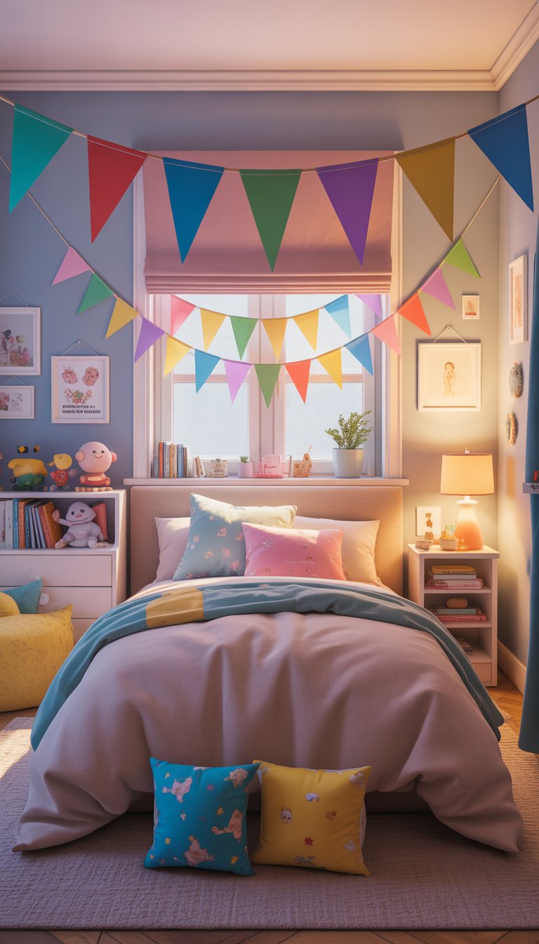 A cozy bedroom decorated with colorful bunting flags hanging across the room, featuring a made bed, bookshelf with toys and books, and a window letting in natural light.