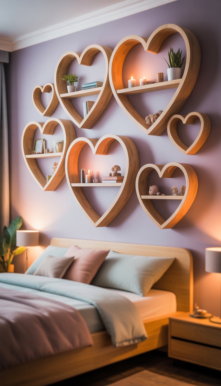 A cozy bedroom wall decorated with multiple wooden heart-shaped shelves holding small plants and decorative items.