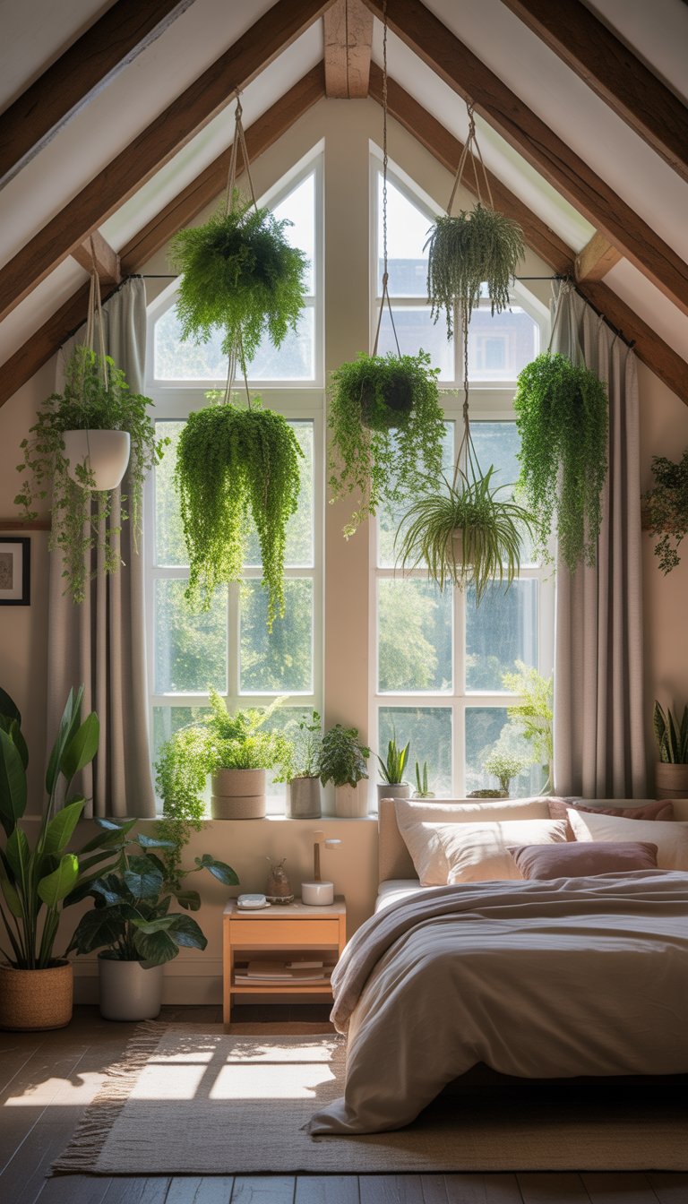 An attic bedroom with sloped ceilings and large windows, featuring several hanging green plants near the windows and a neatly made bed.