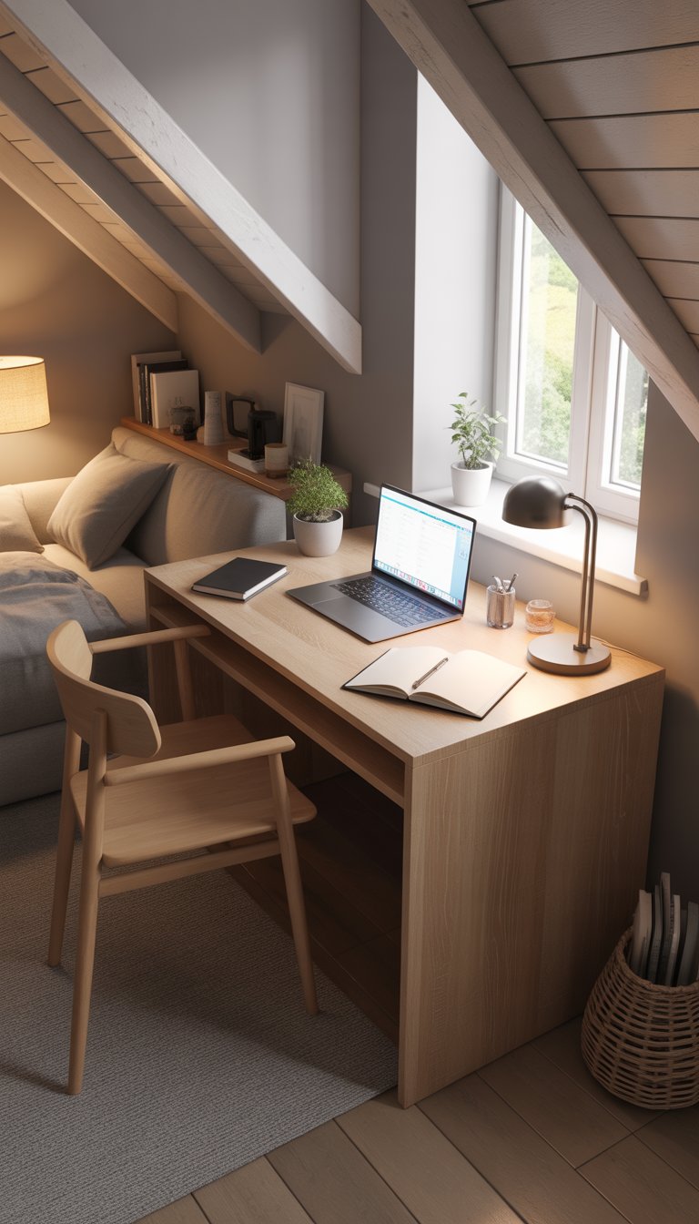 A compact study desk by a window in a small attic bedroom with a laptop, plant, and lamp on the desk, natural light coming through the window, and wooden floor and ceiling beams visible.