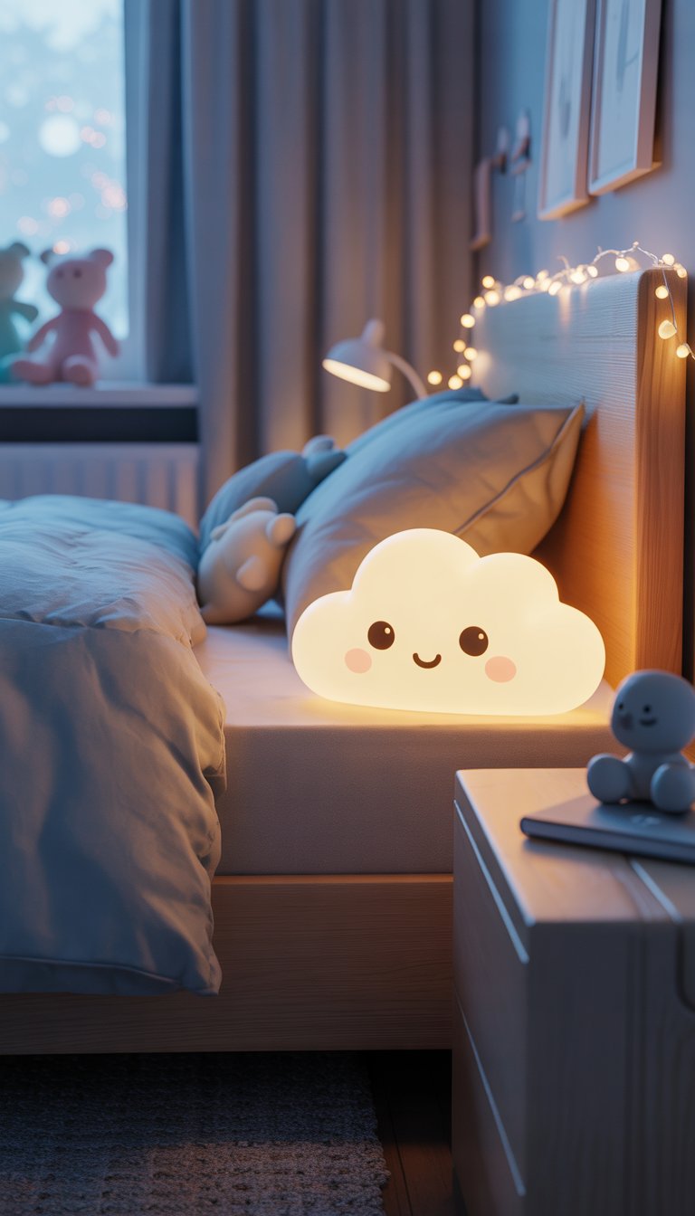 A cozy bedroom with a cloud-shaped night light glowing softly on a bedside table next to a bed with pastel bedding and pillows.