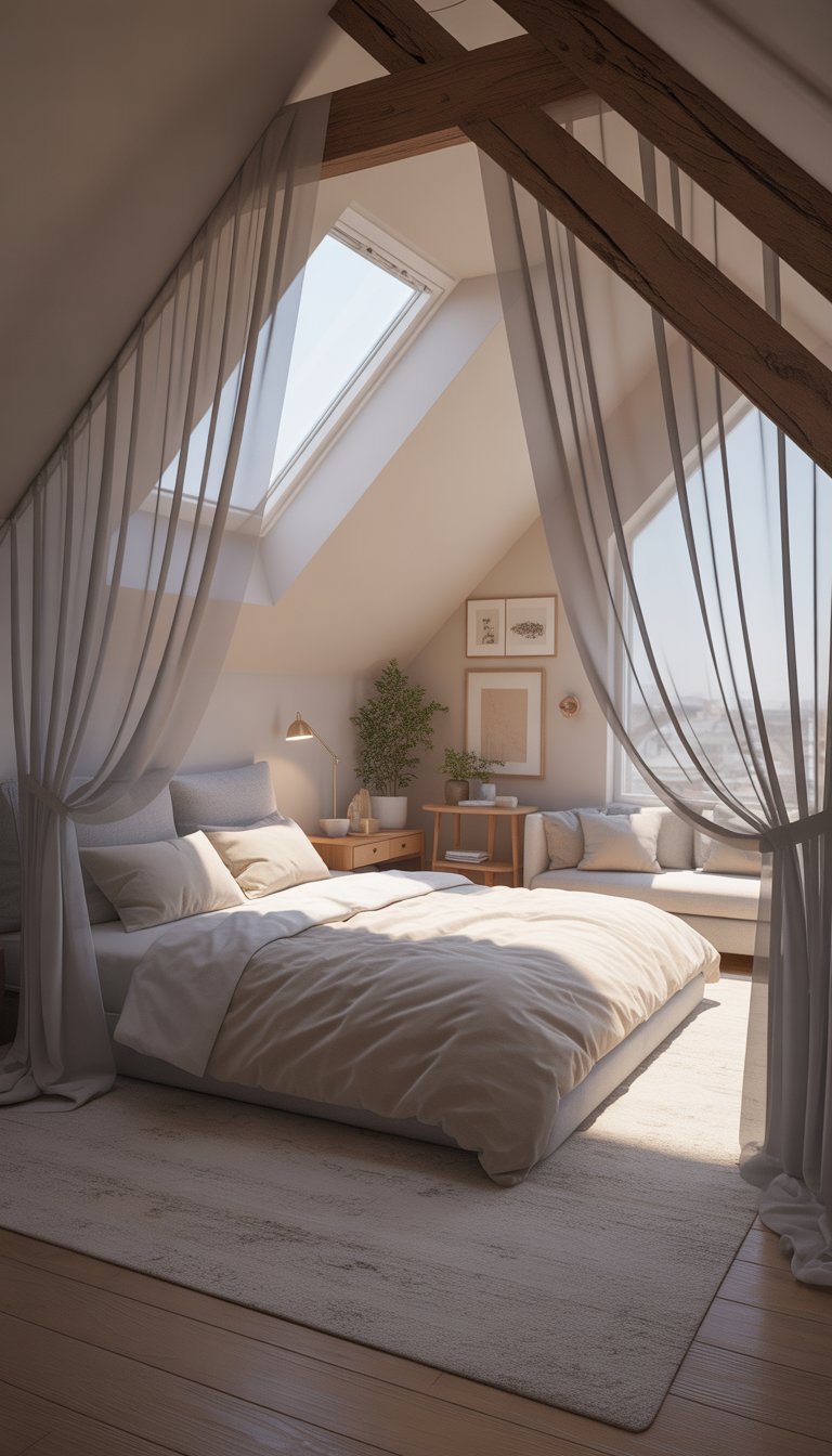 A cozy attic bedroom with sheer white curtains letting in soft natural light, a bed under a skylight, wooden beams, and simple furniture.