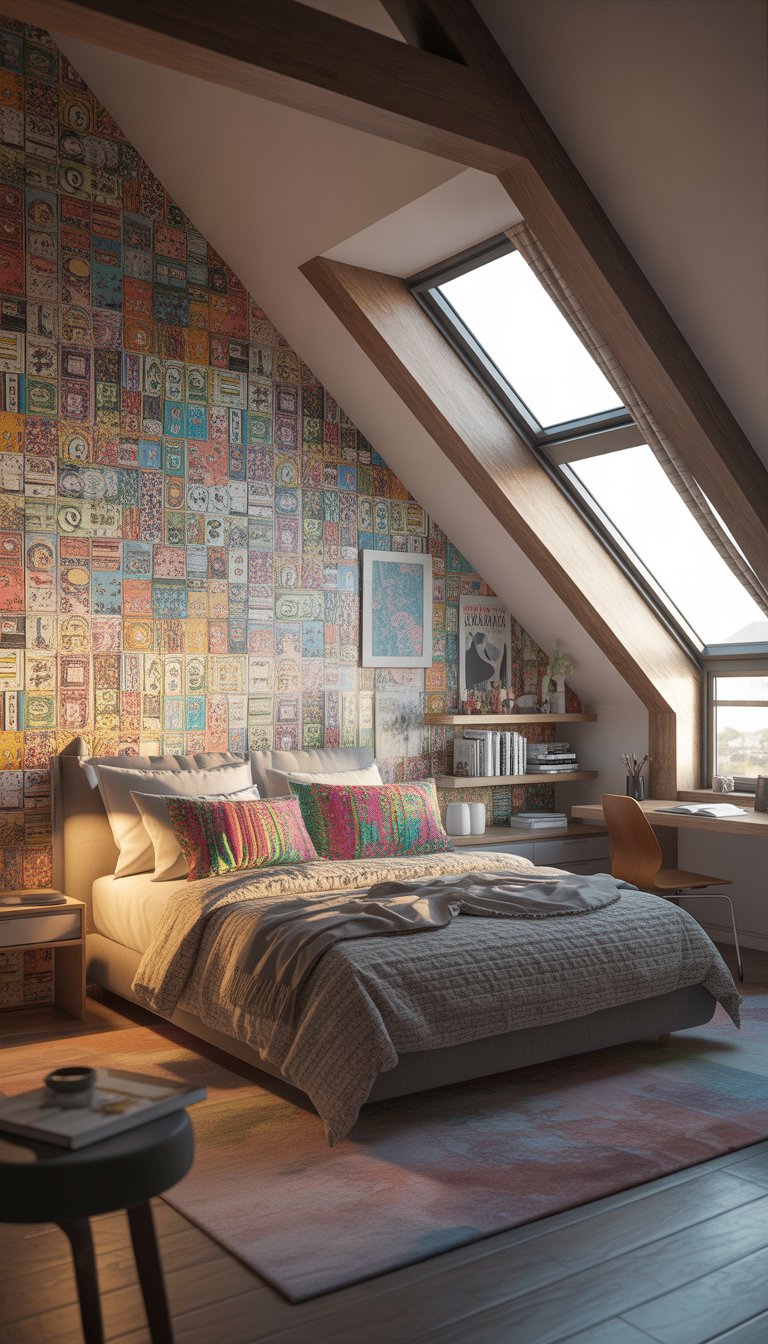 An attic bedroom with a slanted ceiling and wooden beams, featuring a colorful, patterned wallpaper on one wall, a neatly made bed, a window letting in natural light, and modern furnishings including a desk and chair.