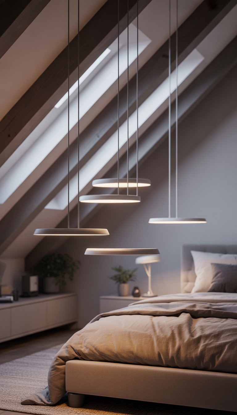 Attic bedroom with sloped ceiling and wooden beams, featuring minimalist pendant lights hanging above a bed with neutral bedding, a bedside table, and plants.