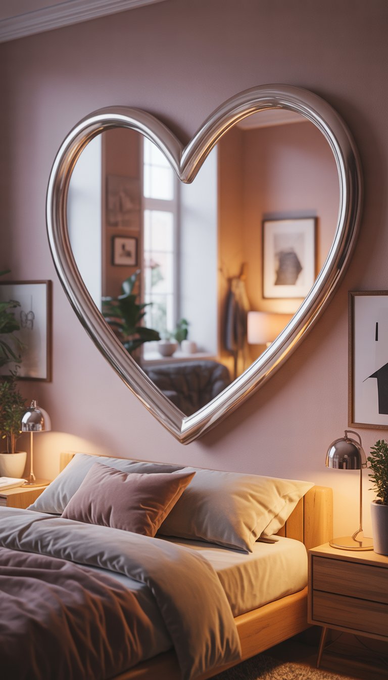 A cozy bedroom with a heart-shaped mirror on the wall, a neatly made bed, bedside table with a lamp, and natural light coming through a window.