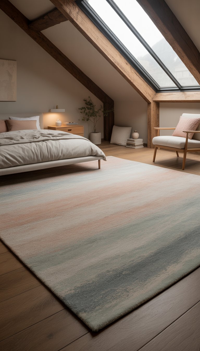 An attic bedroom with a soft area rug in muted tones on wooden floors, a bed, nightstand, armchair, and a skylight letting in natural light.
