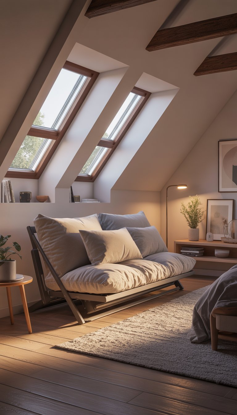 An attic bedroom with sloped ceilings and wooden beams, featuring a neatly folded futon sofa, skylight windows, a small side table with a plant, and a cozy rug on the floor.