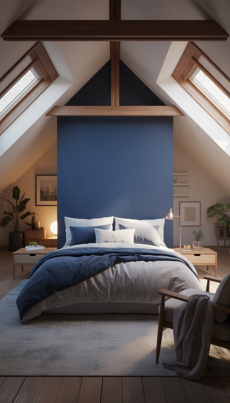 An attic bedroom with a navy blue accent wall, a bed with white and grey bedding, wooden beams, skylight windows, and minimalist furniture.