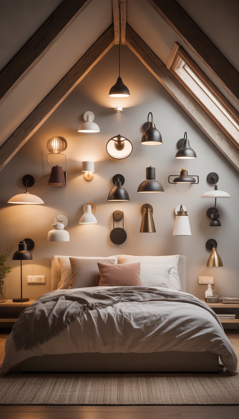 An attic bedroom with slanted ceilings and exposed wooden beams, featuring a bed and multiple wall-mounted reading lamps arranged around the room.