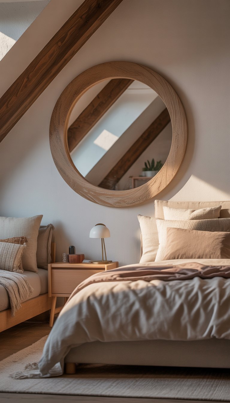 Attic bedroom with a round wooden-framed mirror on a slanted wall, a bed with neutral linens, wooden floor, and a bedside table with a lamp.