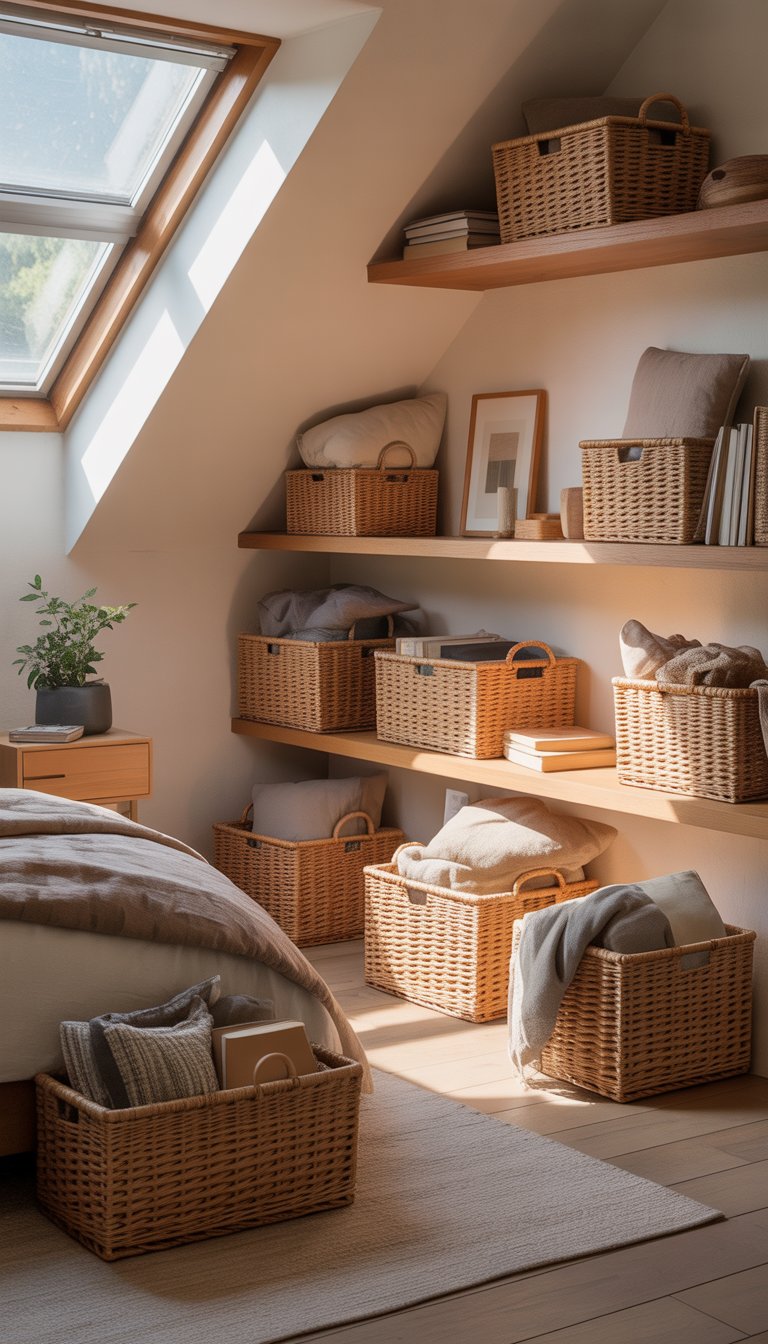 A cozy attic bedroom with slanted ceilings and wooden beams, featuring natural fiber baskets used for organizing clutter around the room.