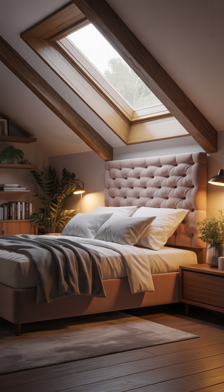 An attic bedroom with a tufted headboard bench under a skylight, wooden beams, and cozy decor.